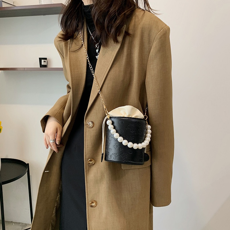 Túi đeo vai IELGY hình trụ đính ngọc trai hợp thời trang sang trọng cho nữ