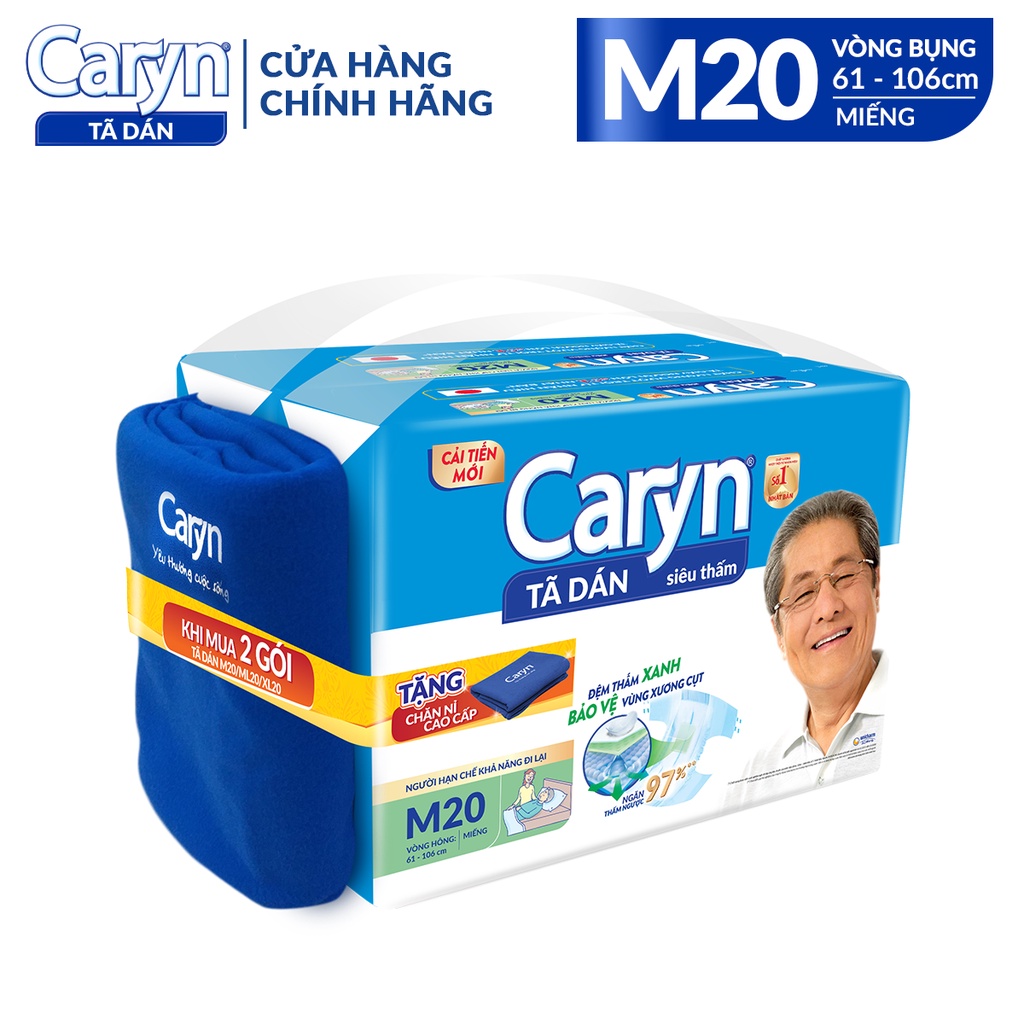 Bộ 2 Tã Dán Người Lớn Caryn Siêu Thấm Size M - 20 Miếng Tặng Chăn Caryn Dành Cho Người Hạn Chế Khả Năng Đi Lại