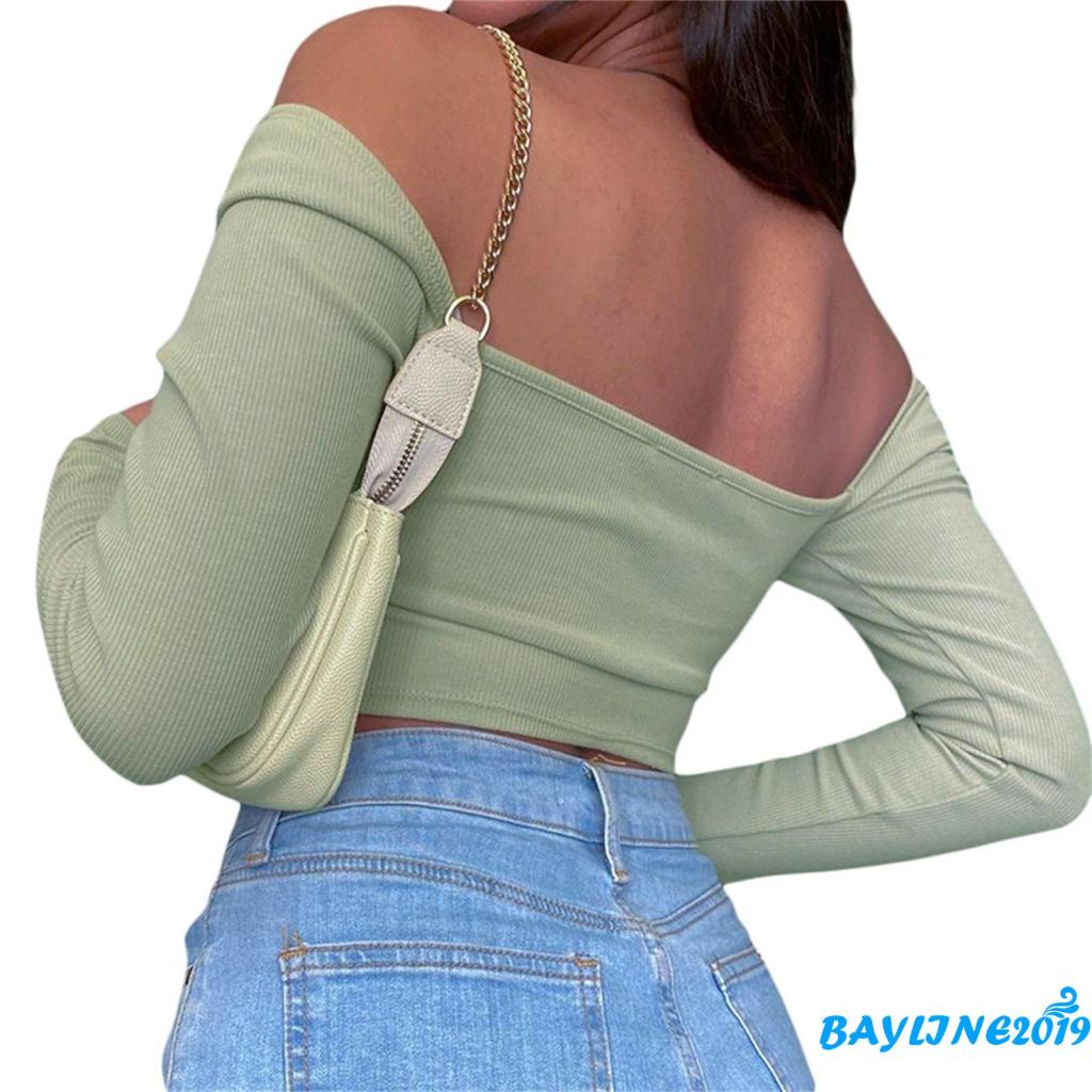 Áo Croptop Tay Dài Cổ Chữ V Màu Sắc Đơn Giản Cho Nữ