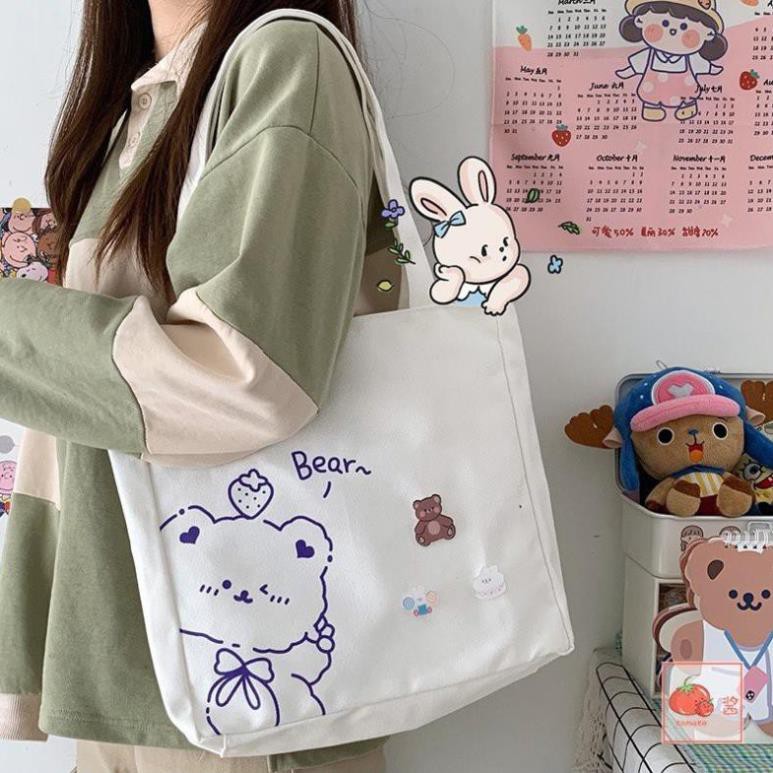 Túi tote vải canvas ulzzang unisex in hình gấu Bear dễ thương, phong cách hàn quốc đi chơi đi học giá rẻ