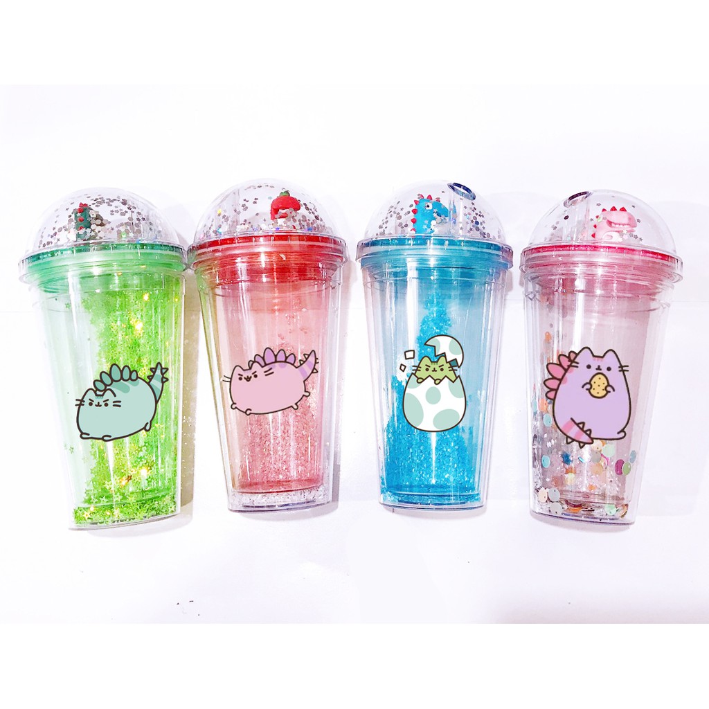 cốc 2 lớp kim tuyến pusheen khủng long nắp cầu CNCKI2 cốc giữ nhiệt ly 2 lớp nắp cầu cốc làm lạnh dễ thương 500ml