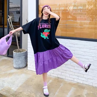 (Order 5-10days) Đầm oversize hoạ tiết phối tím - 2020