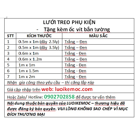 Lưới treo tường 0.6 x 1.2m