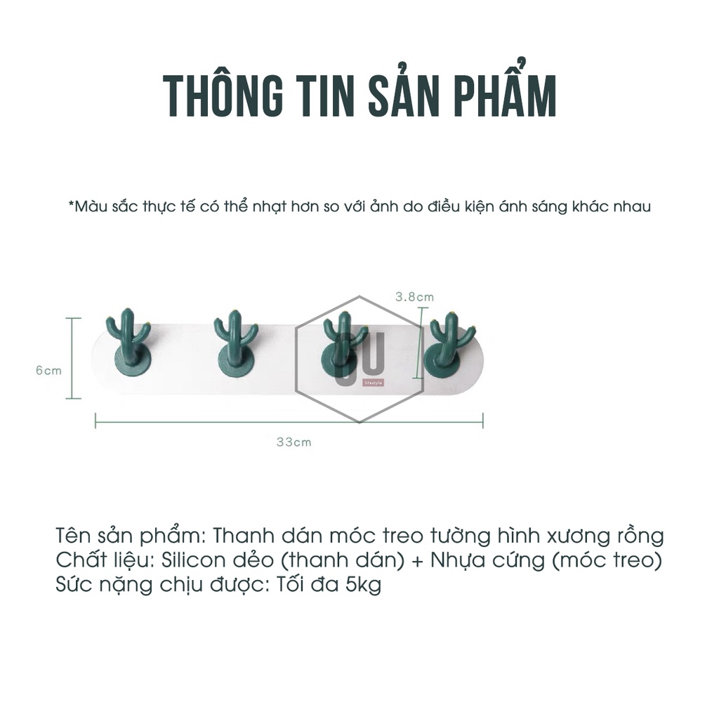 Thanh Móc Treo Đồ Dán Tường siêu chịu lực, tải trọng cao, hình xương rồng dễ thương