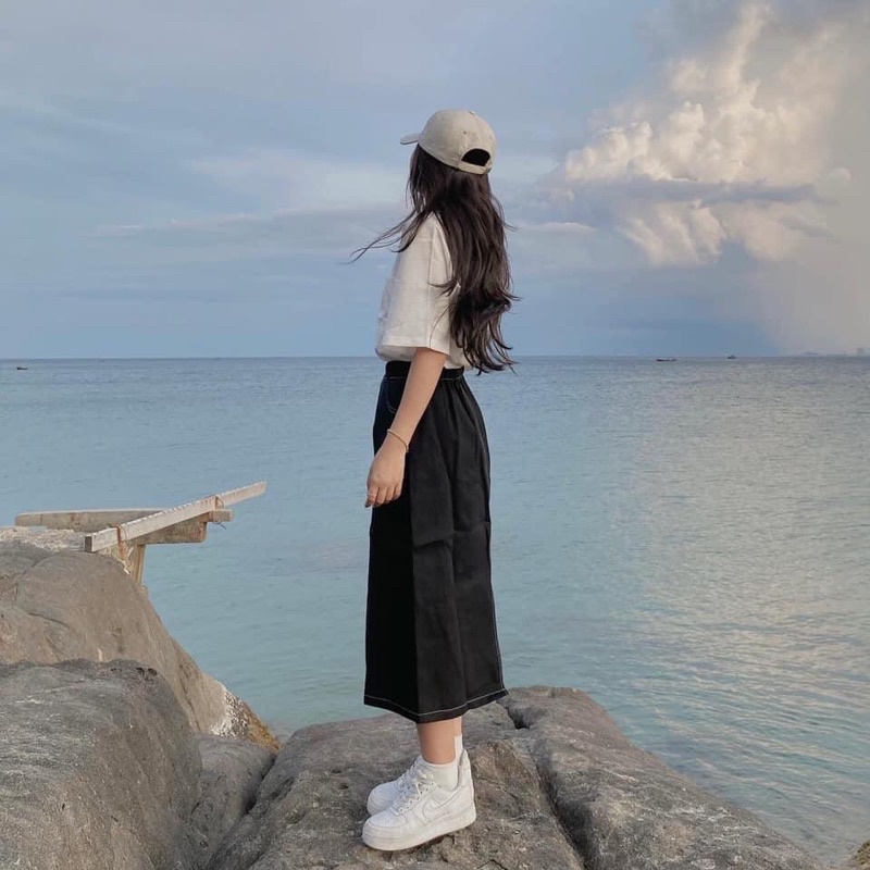 Chân váy kaki jean đen dáng dài (Ảnh thật/Video)