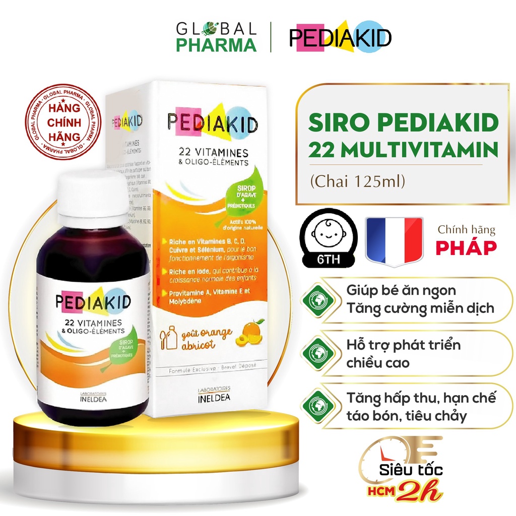 Siro Pediakid phát triển toàn diện cho bé - 22 vitamin/D3, tăng đề kháng,chống còi xương, tăng chiều cao Chai 125ml