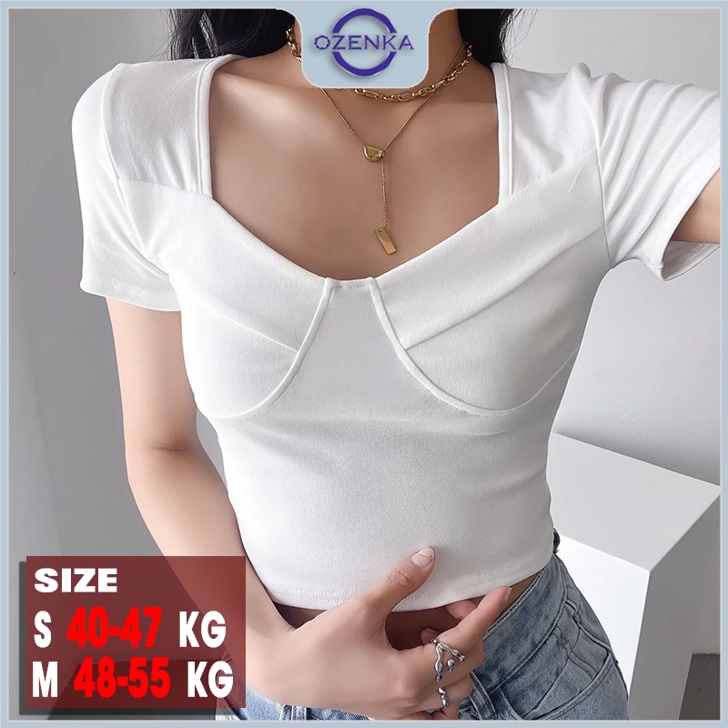 Áo croptop nữ ôm body cổ vuông tay ngắn Ozenka , áo crt kiểu thun cotton màu đen trắng dưới 55 kg mặc đi chơi