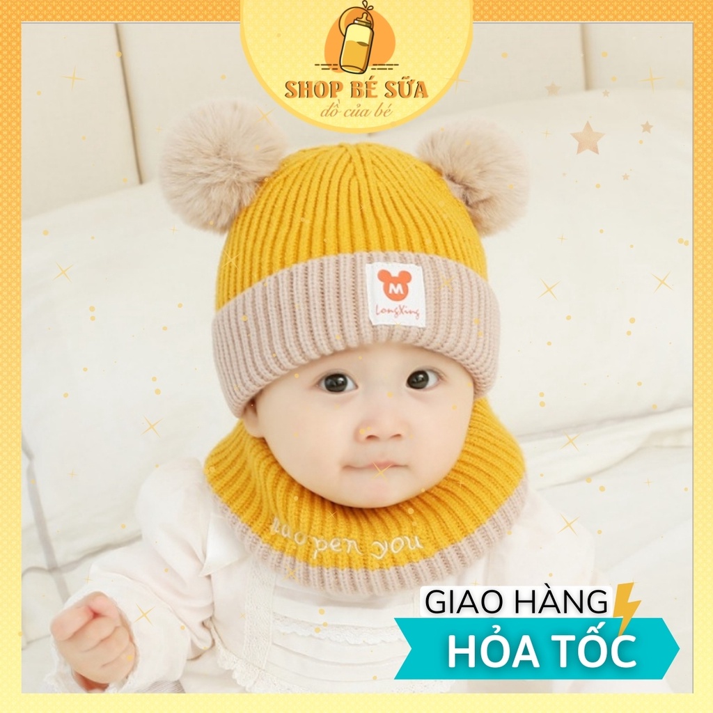 Mũ Cho Bé, Mũ Len Kèm Khăn Quàng Cổ Lót Lông Siêu Ấm 6-36 tháng