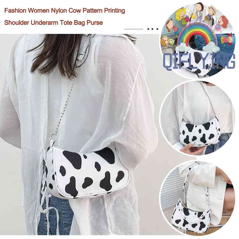 Túi Xách Kẹp Nách Chất Liệu Nylon In Họa Tiết Bò Sữa Thời Trang Cho Nữ