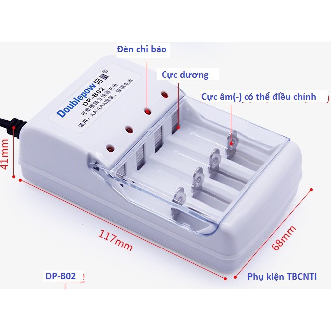 Combo Bộ Sạc Pin DP-B02 Tặng 4 Pin Tiểu Sạc AA 1200mAh Doublepow lắp MIC,máy đo huyết áp..