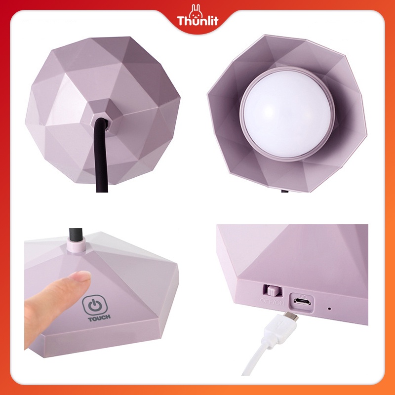 Đèn để bàn Thunlit màu tím 3 mức chiếu sáng có thể sạc lại bằng cổng USB chất lượng cao