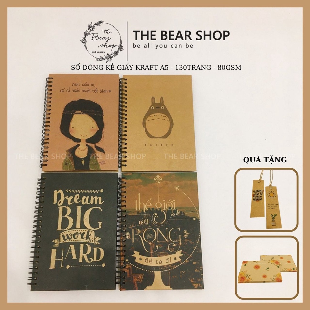 Sổ tay ghi chép handmade vintage Có Dòng Kẻ - Khổ A5 bìa cứng giấy kraft - The Bear Shop