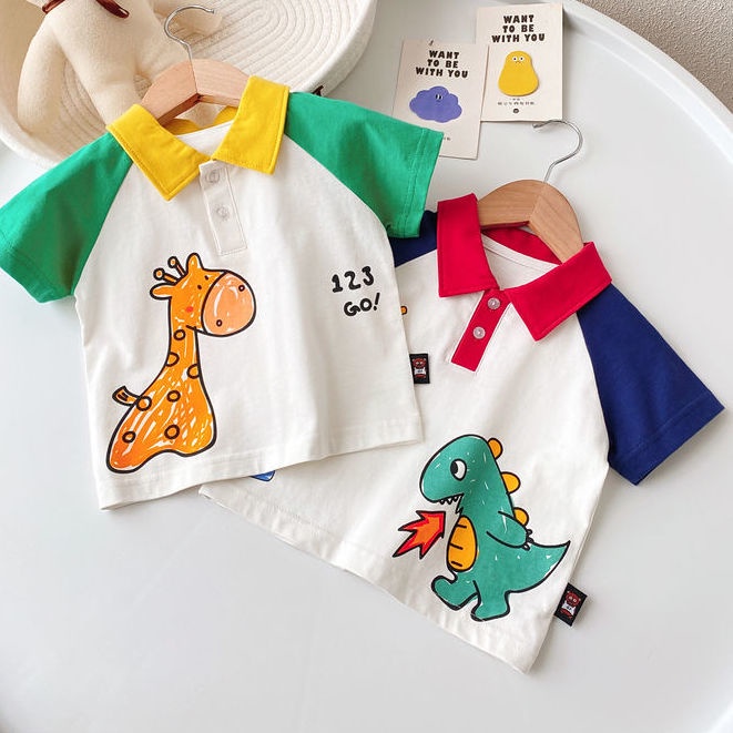 Áo polo Tay Ngắn In Hoạt Hình Khủng Long Hươu Cao Cổ Thời Trang Mùa Hè Hàn Quốc Dành Cho Bé Trai 2023