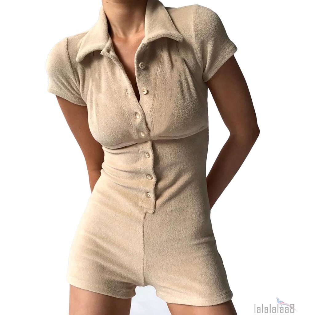 Bộ Áo Liền Quần Tay Ngắn Cổ Bẻ Cài Nút Màu Trơn Thời Trang Cho Nữ Laa8-Yh | BigBuy360 - bigbuy360.vn