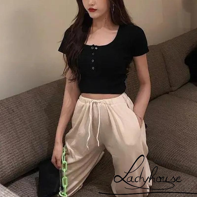 LD-Women Crop Tops Casual U Neck Short Sleeve Solid Color Snap Buttons Slim Short T-shirts Tees