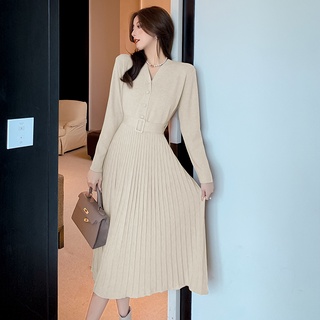 Đầm dệt kim cổ chữ V phối dây thắt eo thời trang cho nữ váy