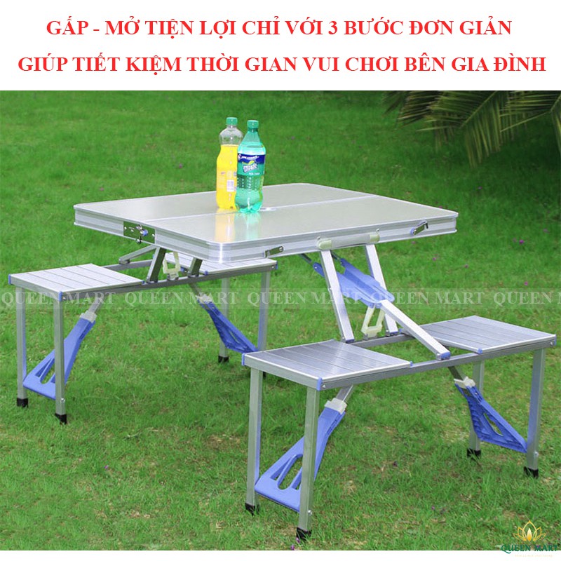 Bộ bàn ghế xếp gọn du lịch - Bàn liền 4 ghế xếp gọn nhôm siêu nhẹ - Bàn xếp dã ngoại, cắm trại, sinh hoạt ngoài trời