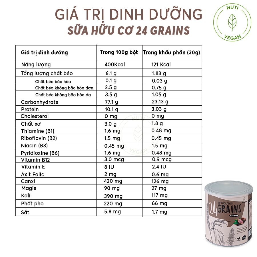 Sữa Hạt Hữu Cơ 24Grains Nhập Khẩu Malaysia, Hộp 700g Vị Cacao, Sữa Dinh Dưỡng Thuần Chay - nutivegan