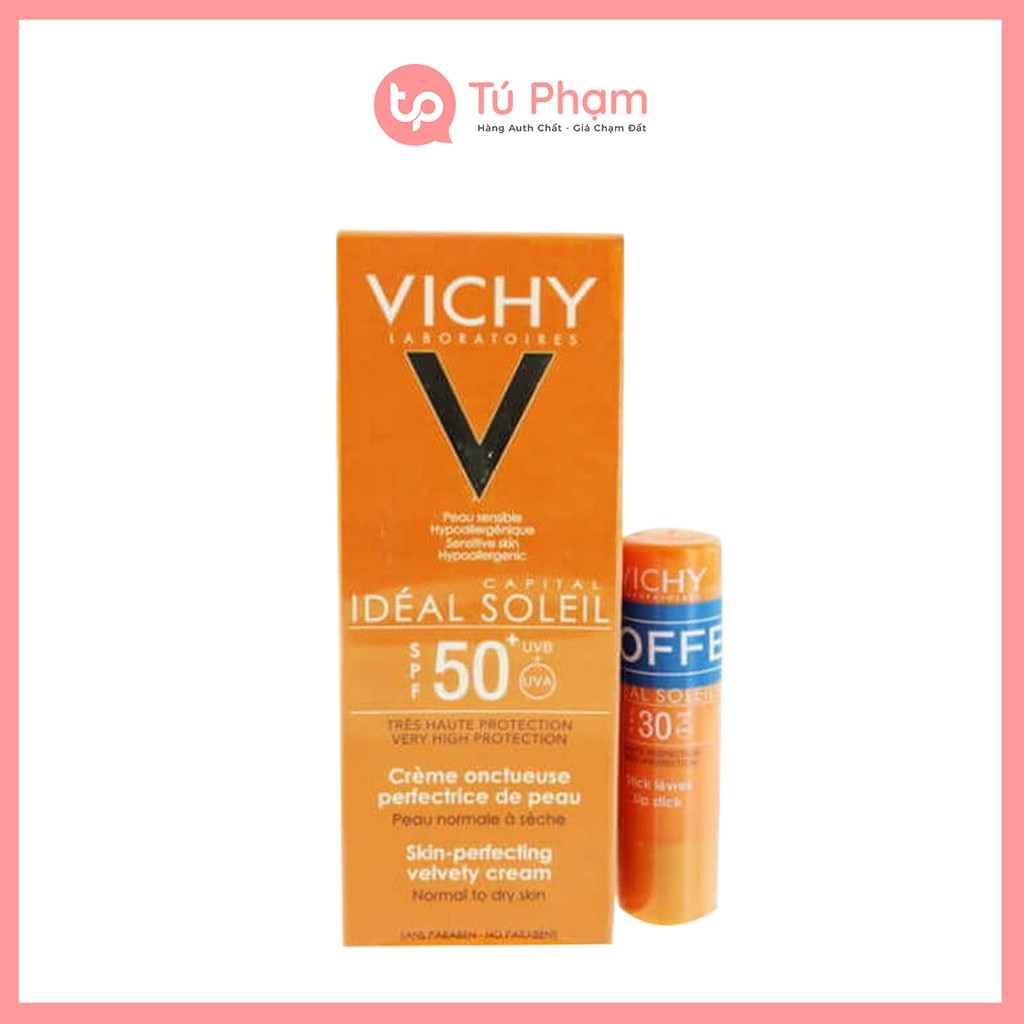 Set Kem Chống Nắng Vichy SPF 50 Ideal Soleil Emulsion Anti-brillance 50ml Tặng Kem Son Dưỡng Môi Vichy