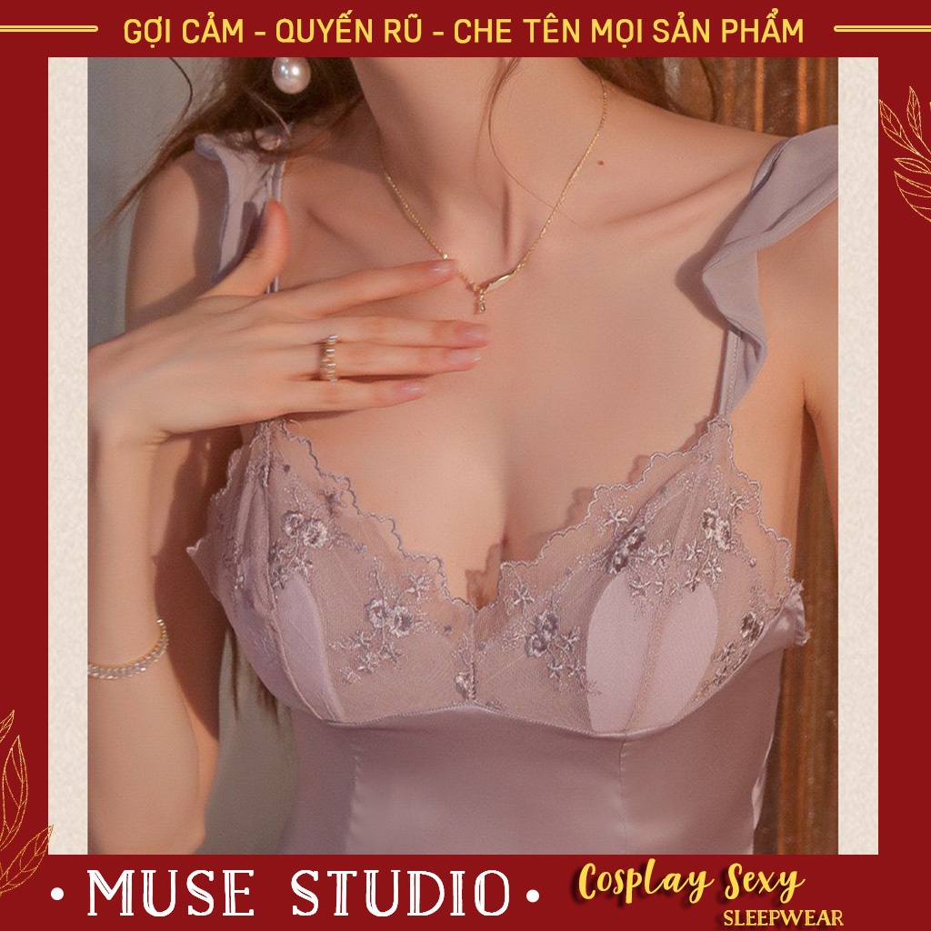 Đồ ngủ sexy, Váy ngủ cao cấp lụa satin phối ren mềm mại có đệm ngực hở lưng gợi cảm