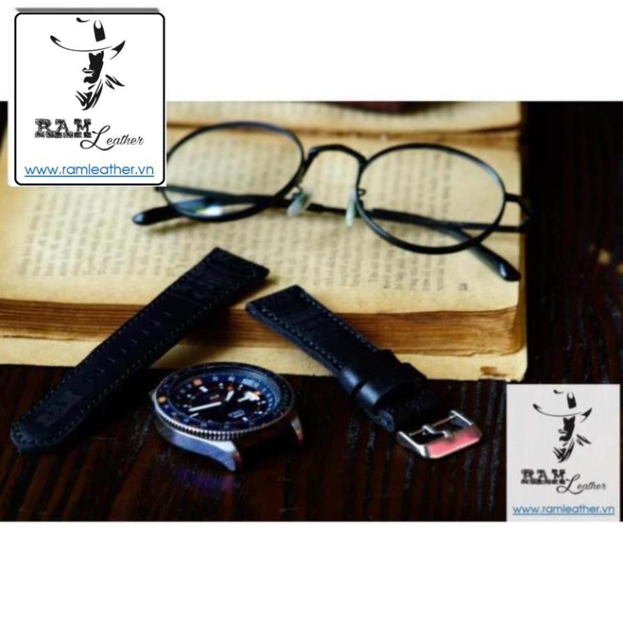 DÂY ĐỒNG HỒ TRỐNG ĐỒNG ĐEN VEGTAN PHỦ 1 MÀU- DA BÒ THẬT - RAM LEATHER