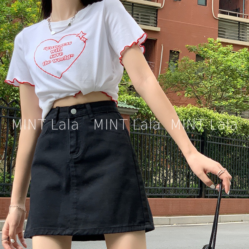 Chân Váy Chữ A Lưng Cao Ngắn Vải Jeans Trắng Đen Be