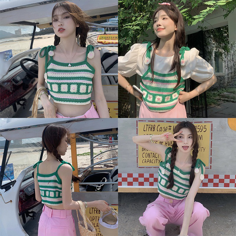 Áo Croptop Dệt Kim Không Tay In Hoa Cúc Màu Sắc Tương Phản Thời Trang Mùa Hè Cho Nữ