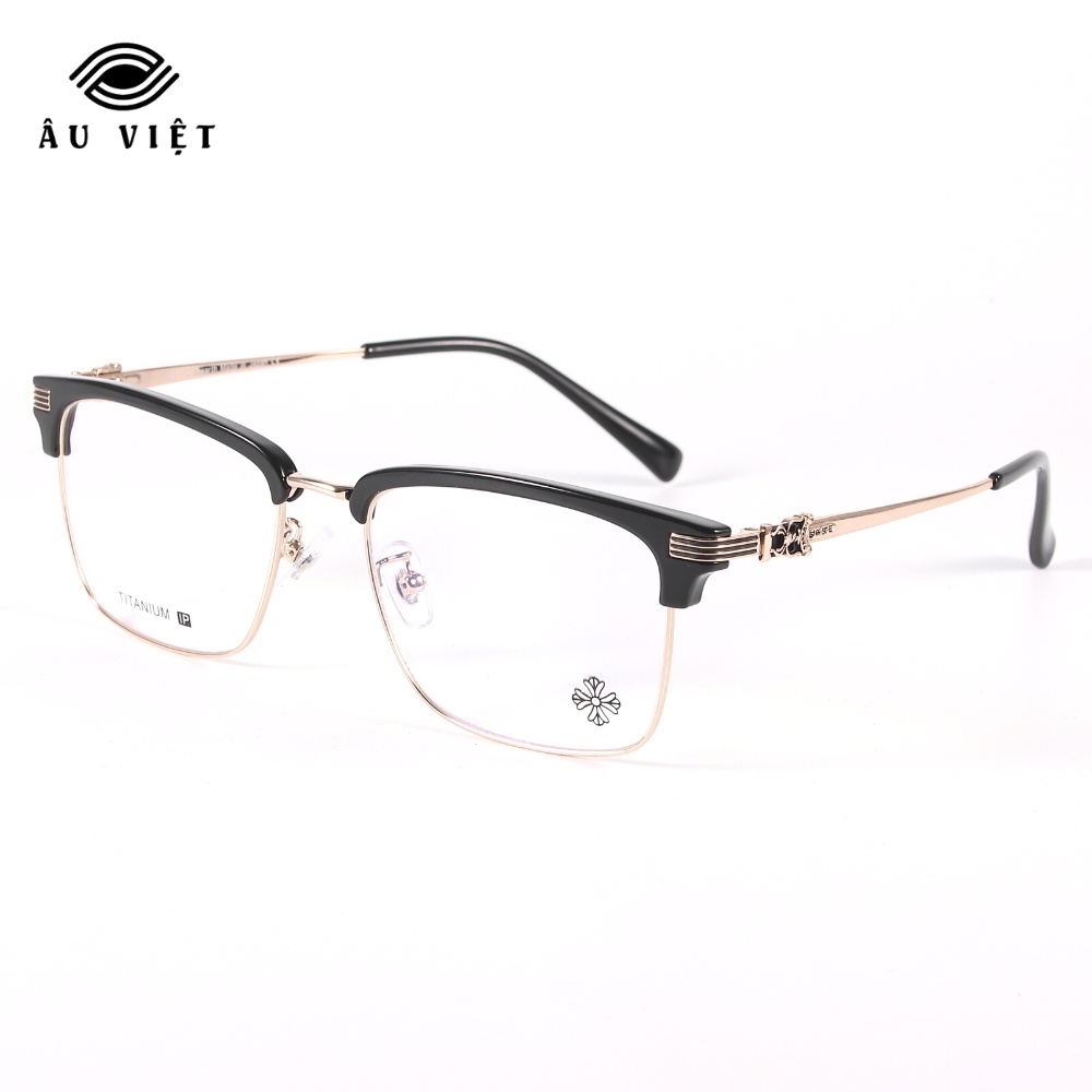 Gọng kính kim loại titanium Ch 7213 nam nữ unisex dáng chữ nhật vuông clubmaster màu vàng/bạc Full box