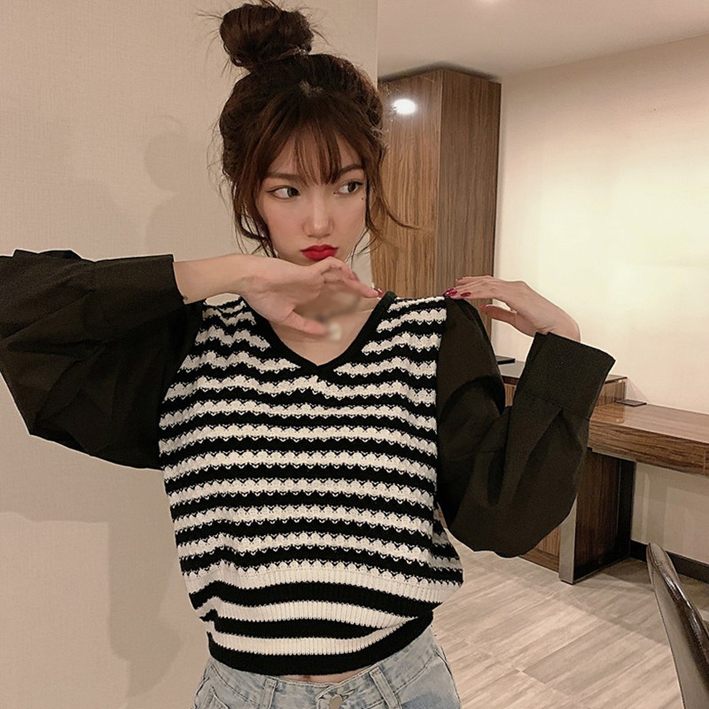 Áo Sweater Dài Tay Cổ Chữ V Kẻ Sọc Xinh Xắn Dành Cho Nữ