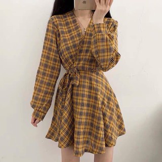 Đầm caro cổ đắp dây eo