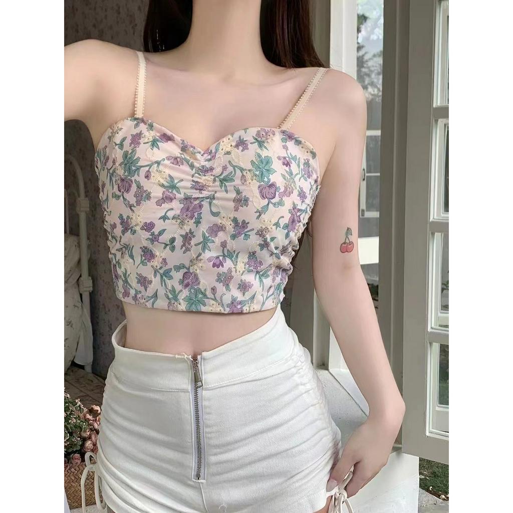 Lalisas Áo crop top Hai Dây Có Mút Đệm Ngực Họa Tiết Hoa Ngọt Ngào Quyến Rũ Cho Nữ