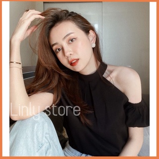 Áo trễ vai tay bồng - Croptop phối cổ yếm - Áo kiểu chất Linen A-CY