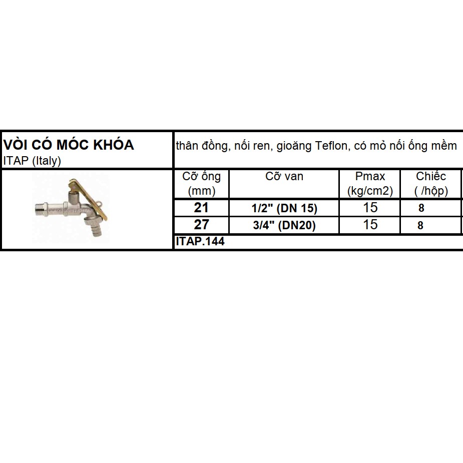 Vòi Itap Italy có móc khóa art.144 phi 21 phi 27