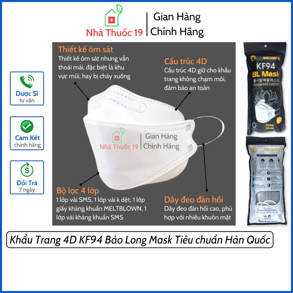 Khẩu Trang KF94 Thương Hiệu Bảo Long Mask Đạt Tiêu Chuẩn Hàn Quốc Khẩu Trang 4D Mask Bảo Long (50 chiếc)