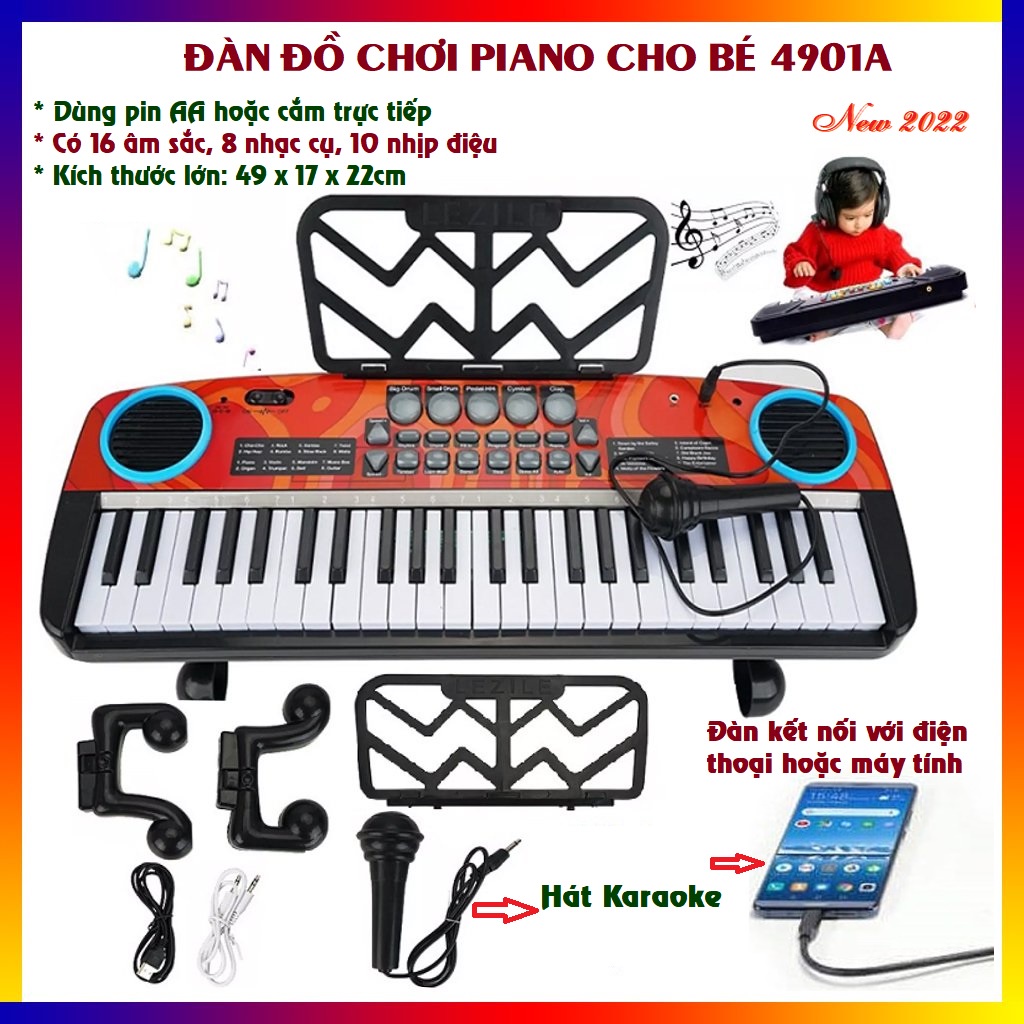 Đồ chơi âm nhạc đàn organ cho bé kèm míc hát cắm điện hoặc dùng pin loại mới 49 key kết nối điện thoại hát karaoke