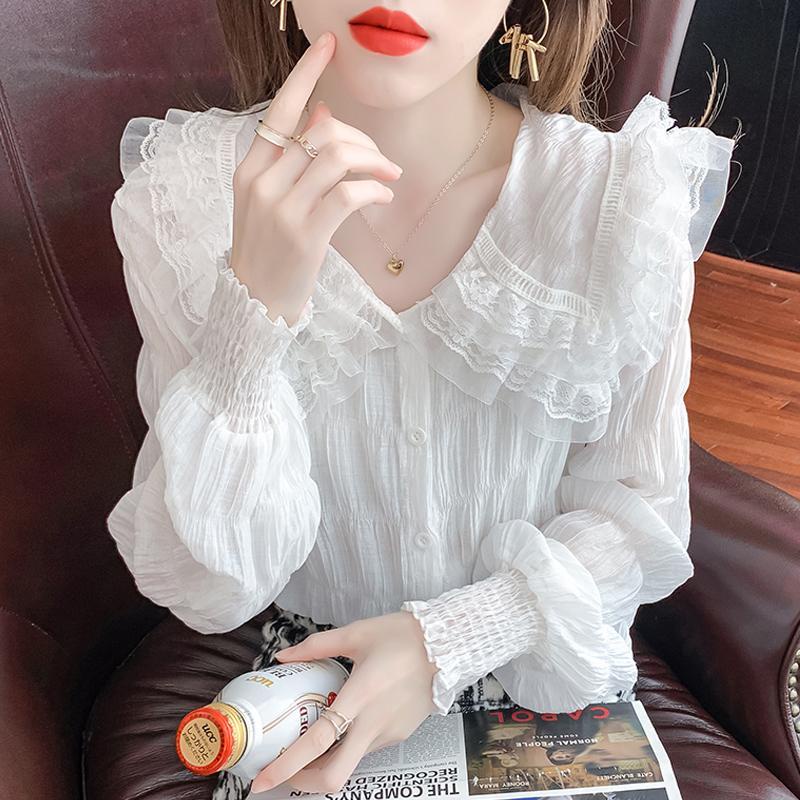 Áo Sơ Mi Chiffon Tay Dài Cổ Peter Pan Phối Ren Thời Trang 2022 Cho Nữ