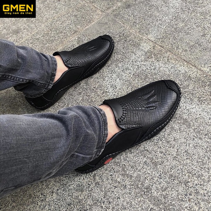 Giày lười nam chất liệu da bò dập vân cá sấu đế cao su khâu chỉ bền bỉ G | BigBuy360 - bigbuy360.vn