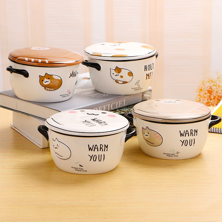 Bộ tô sứ Mèo Warm You kèm dĩa muỗng màu trắng cao cấp