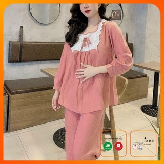 Bộ bầu mặc nhà - bộ sau sinh có khóa cho con bú 1 nơ ngực chất đũi hàn DB04 - Jebi