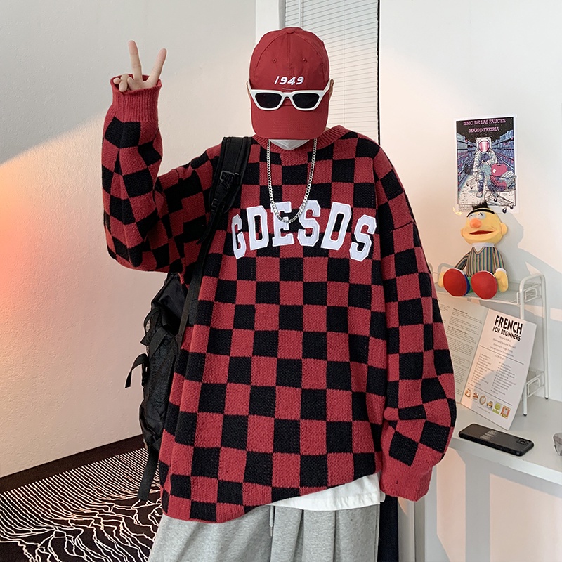 Áo sweater dệt kim dáng rộng in họa tiết bàn cờ thời trang đường phố Mỹ cổ điển giản dị cho nam