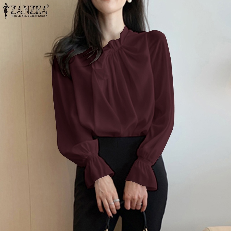 Áo Zanzea kiểu tay dài loe thắt dây màu trơn phong cách Hàn Quốc dành cho nữ