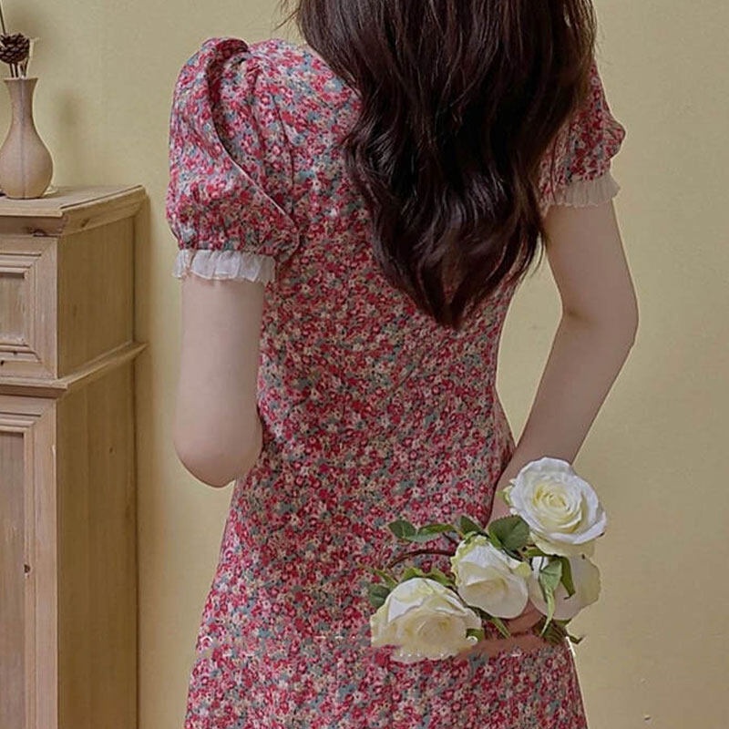 Đầm YEYA họa tiết hoa cổ vuông tay phồng phối ren phong cách Hàn Quốc xinh xắn cho nữ