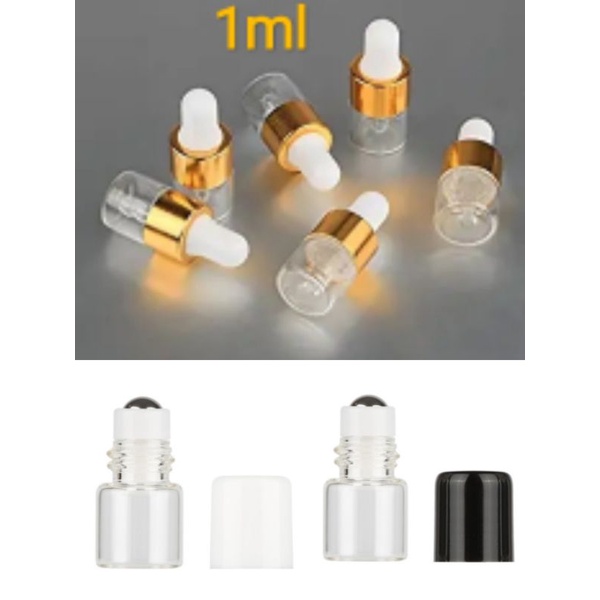Bộ Set Combo 10 chai lọ 1ml thủy tinh trong suốt dạng nhỏ giọt bóp Bi lăn dùng đựng tinh dầu serum Nắp trắng đen vàng,
