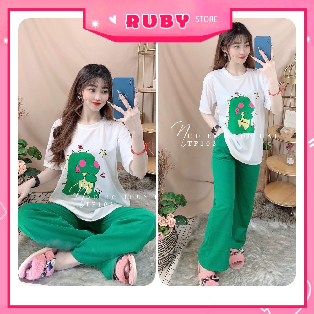 Đồ bộ thun quần dài form rộng cho nữ mặc nhà chất thun mềm mát in hình Gấu Hoạt hình dễ thương Bộ thun dài TP102