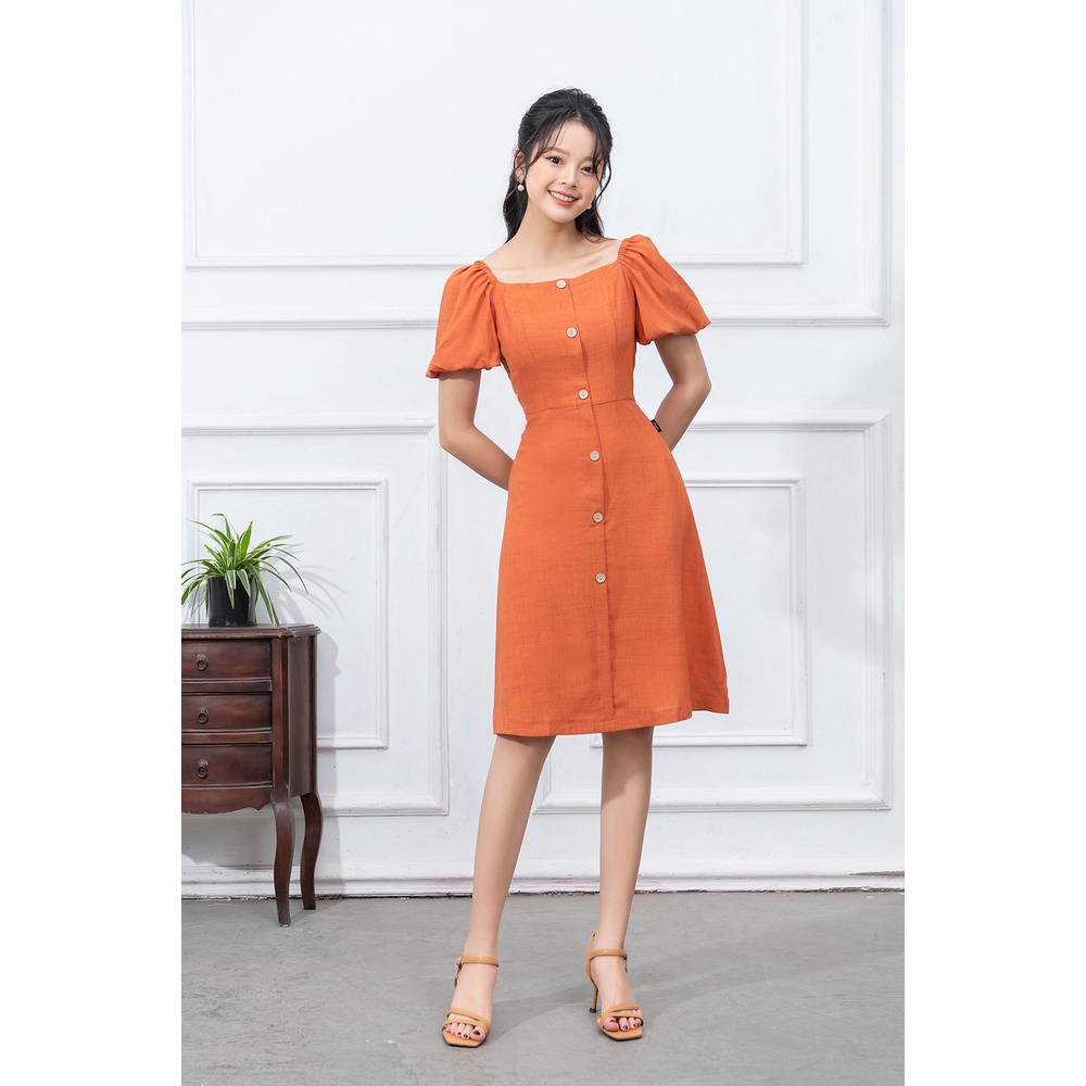 Váy Công Sở Thiết Kế LUPERI Tay Bồng Cổ Vuông Thanh Lịch Chất Liệu Đũi Xước Cao Cấp LFV3271