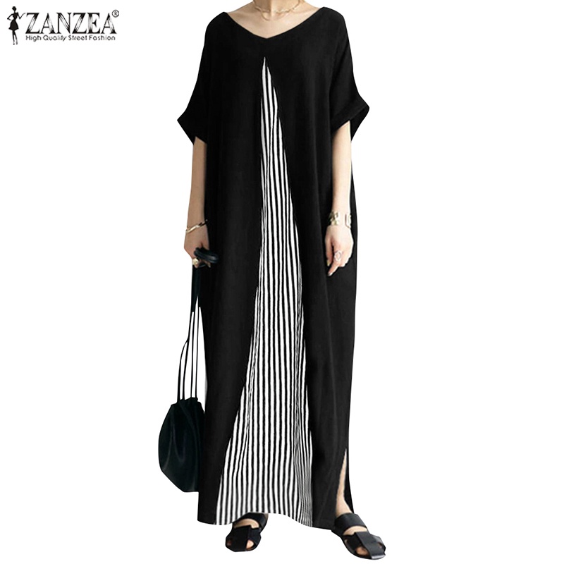 Đầm maxi Zanzea bằng cotton tay ngắn cổ tròn in họa tiết kẻ sọc thời trang Hàn Quốc sành điệu cho nữ