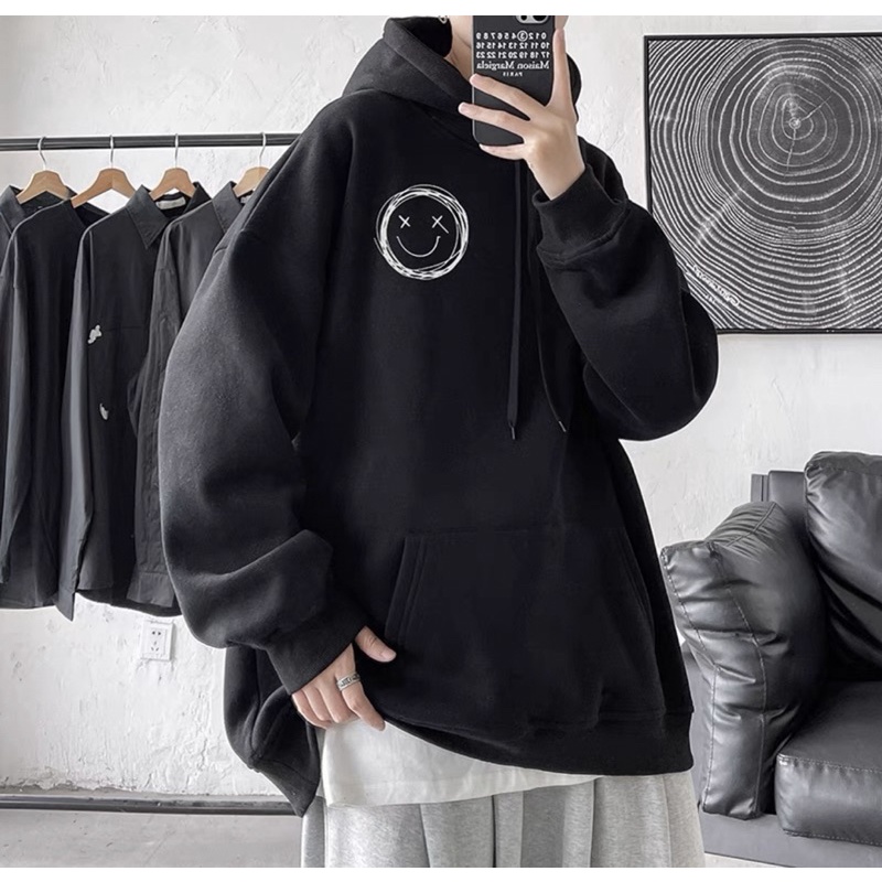 Áo Hoodie Nỉ Bông Tay Dài Unisex Hình In Logo Mặt Cười