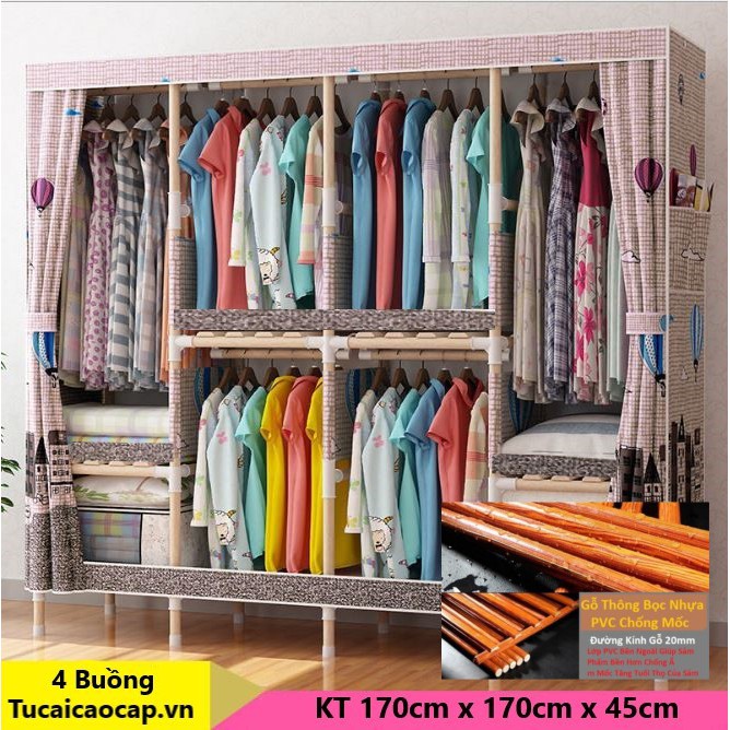 Tủ Vải Đựng Quần Áo Khung Gỗ 4 Buồng 8 Ngăn BỌC NHỰA CHỐNG ẨM MỐC MỤC GỖ Cao Cấp Bảo Hành 12 Tháng tuvaicaocapvn