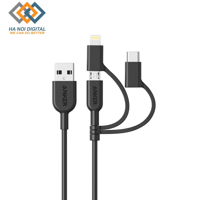 Cáp sạc 3 đầu ANKER PowerLine II MFi Lightning - USB TypeC-Micro USB 0.9m (3 in 1)-A8436