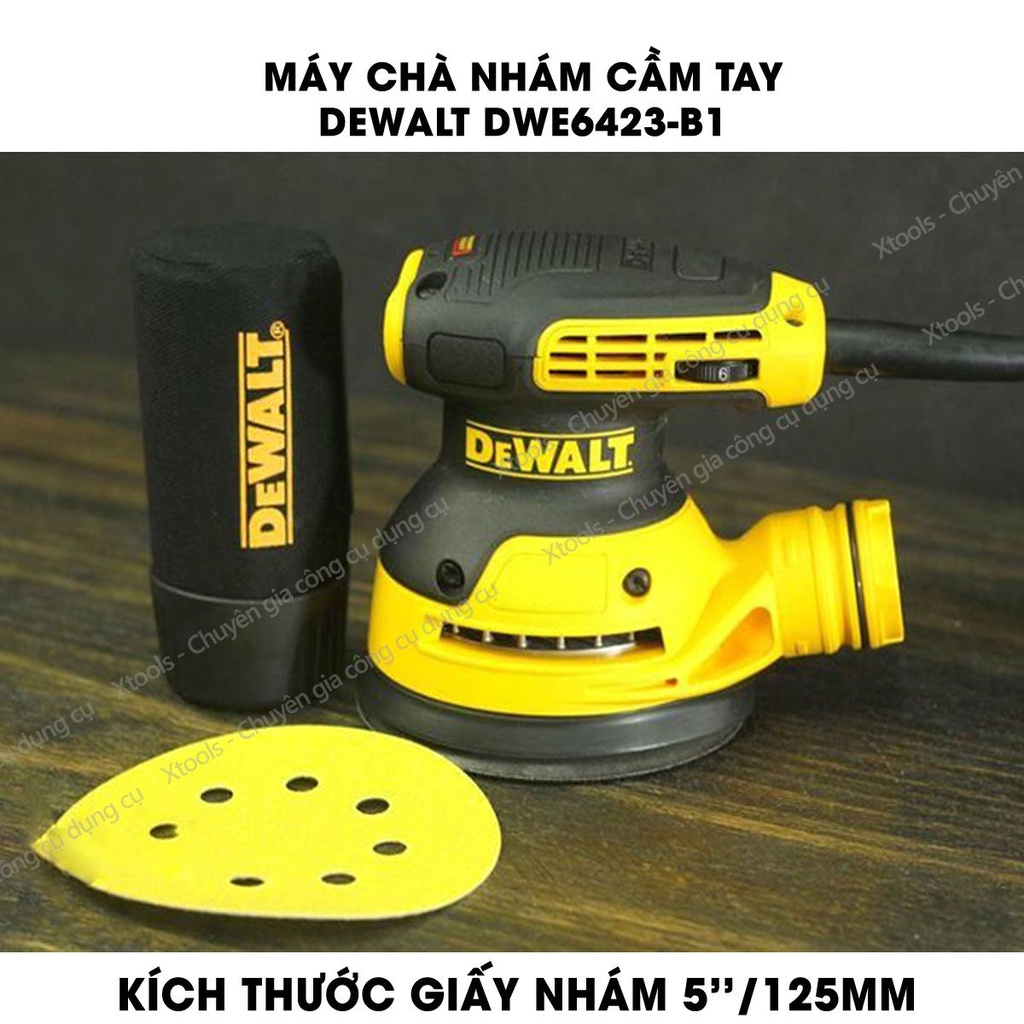 Máy chà nhám cầm tay DeWALT kèm đế chà và túi chứa bụi, đa tốc độ cơ chế tự động hút bụi nhám, vỏ máy cách điện 2 lớp